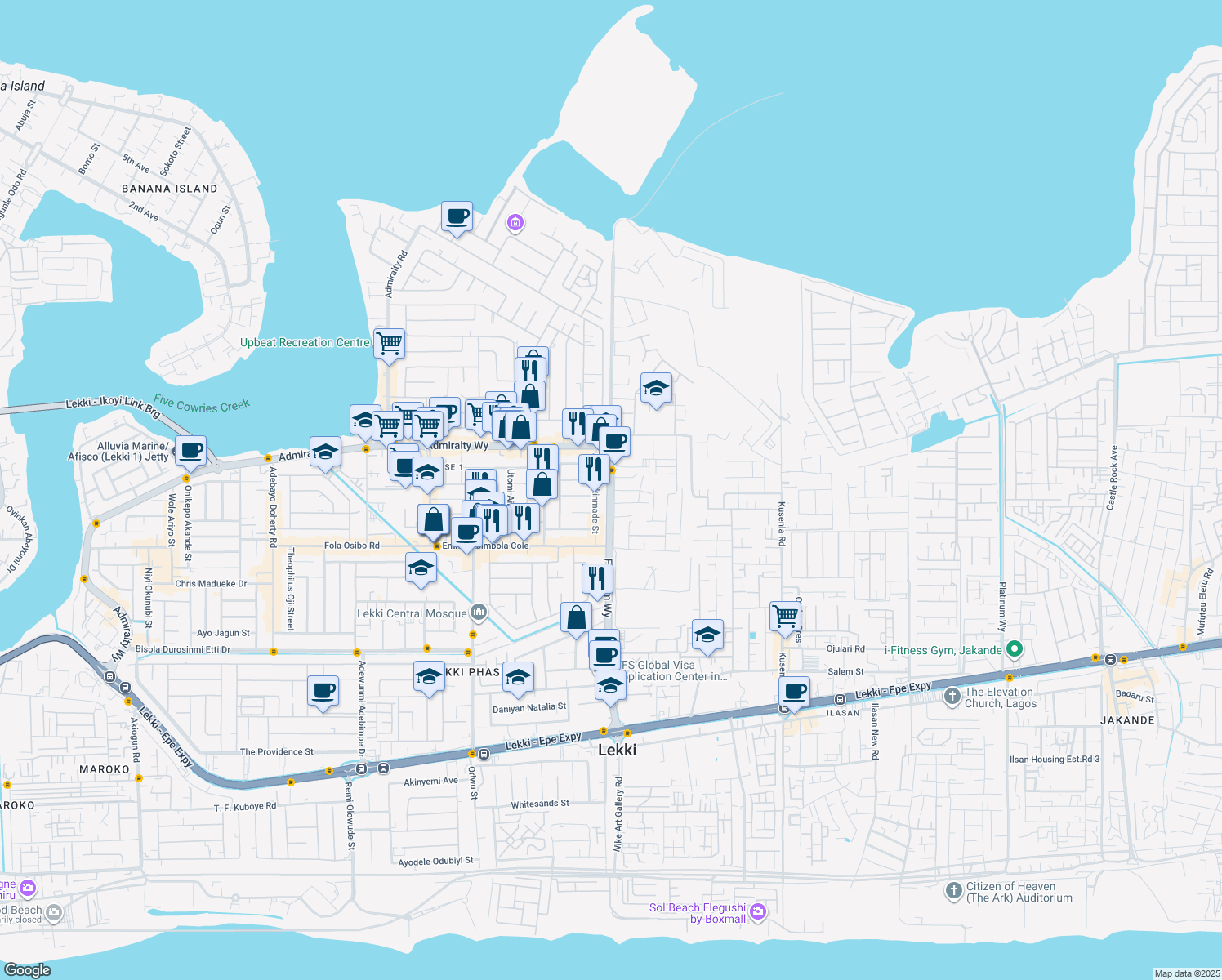 map of restaurants, bars, coffee shops, grocery stores, and more near Freedom Way in Lekki