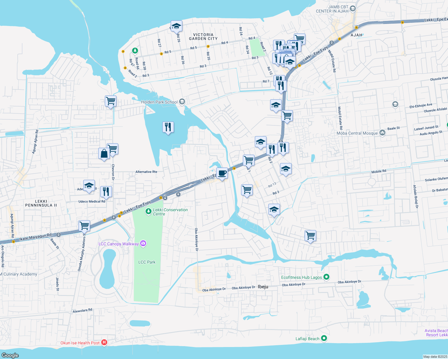 map of restaurants, bars, coffee shops, grocery stores, and more near Oluwatosin Adewuyi Street in Lagos
