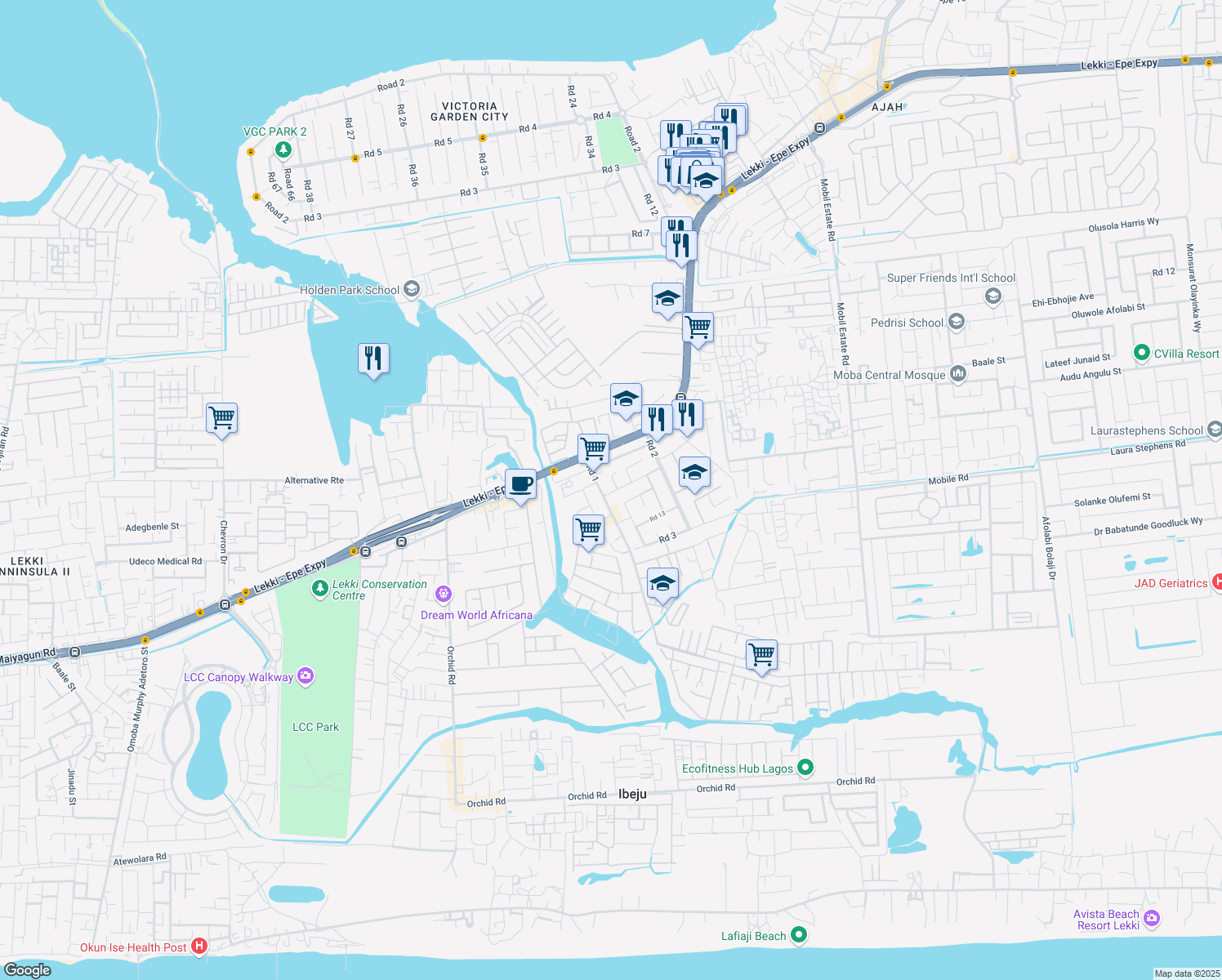 map of restaurants, bars, coffee shops, grocery stores, and more near Jasmine Road in Lagos