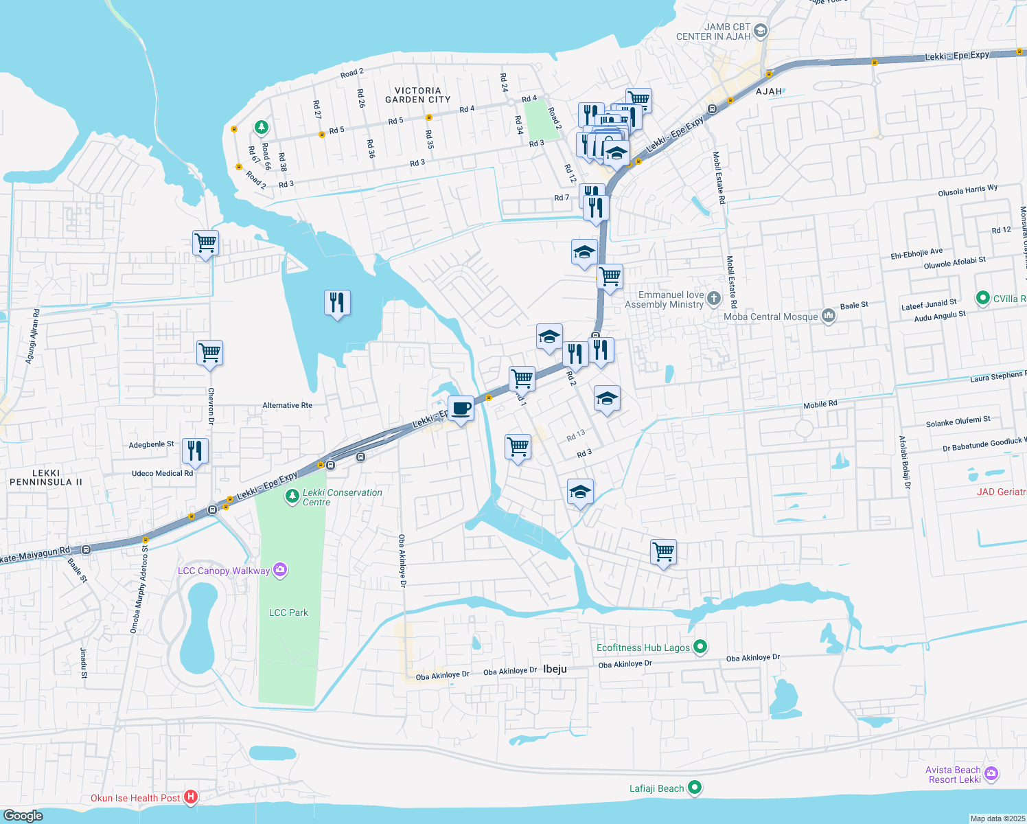 map of restaurants, bars, coffee shops, grocery stores, and more near 24 Road 4 in Lagos