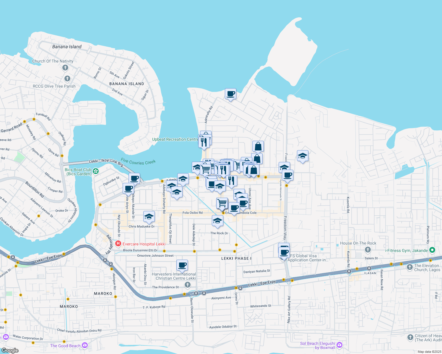map of restaurants, bars, coffee shops, grocery stores, and more near in Lekki