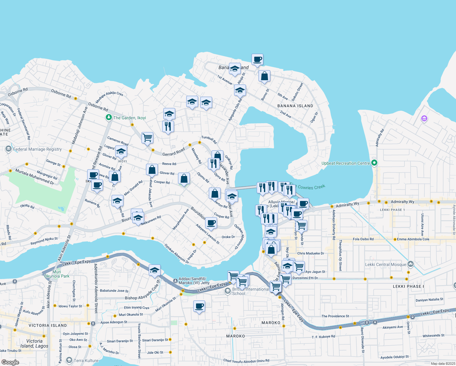 map of restaurants, bars, coffee shops, grocery stores, and more near Alexander Avenue in Lagos