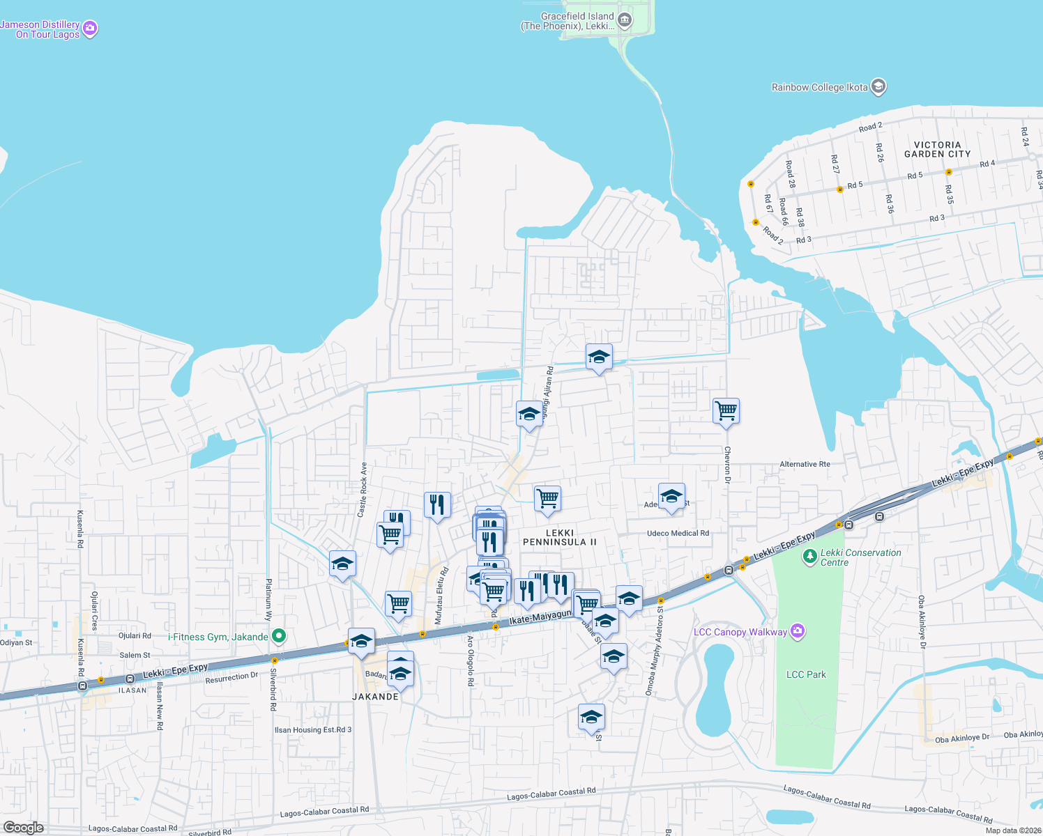 map of restaurants, bars, coffee shops, grocery stores, and more near 7 Olufemi Olatunji Street in Lagos