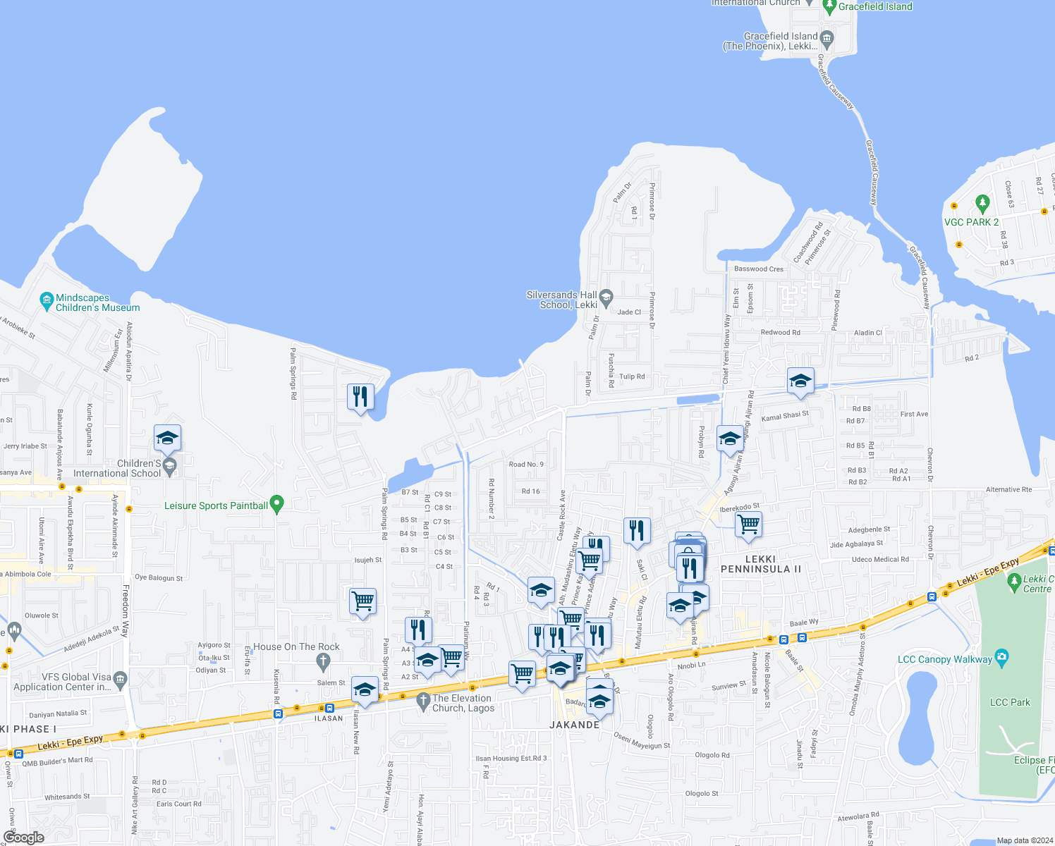 map of restaurants, bars, coffee shops, grocery stores, and more near 7 Olufemi Olatunji Street in Lagos