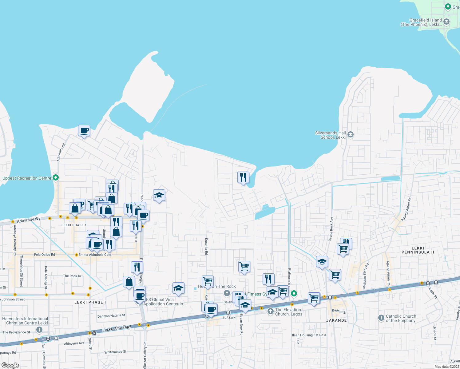map of restaurants, bars, coffee shops, grocery stores, and more near in Lekki