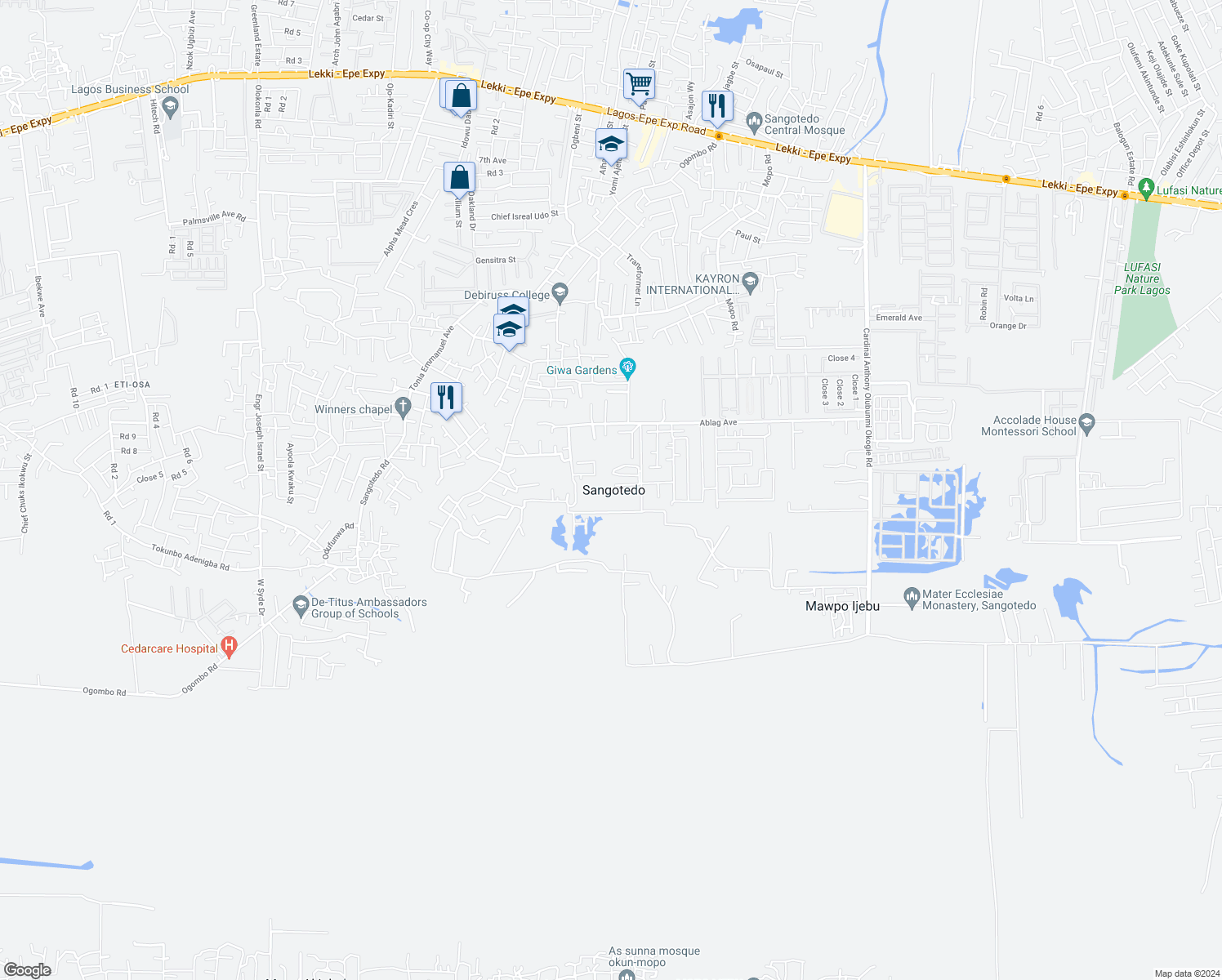 map of restaurants, bars, coffee shops, grocery stores, and more near Sangotedo Road in Lekki