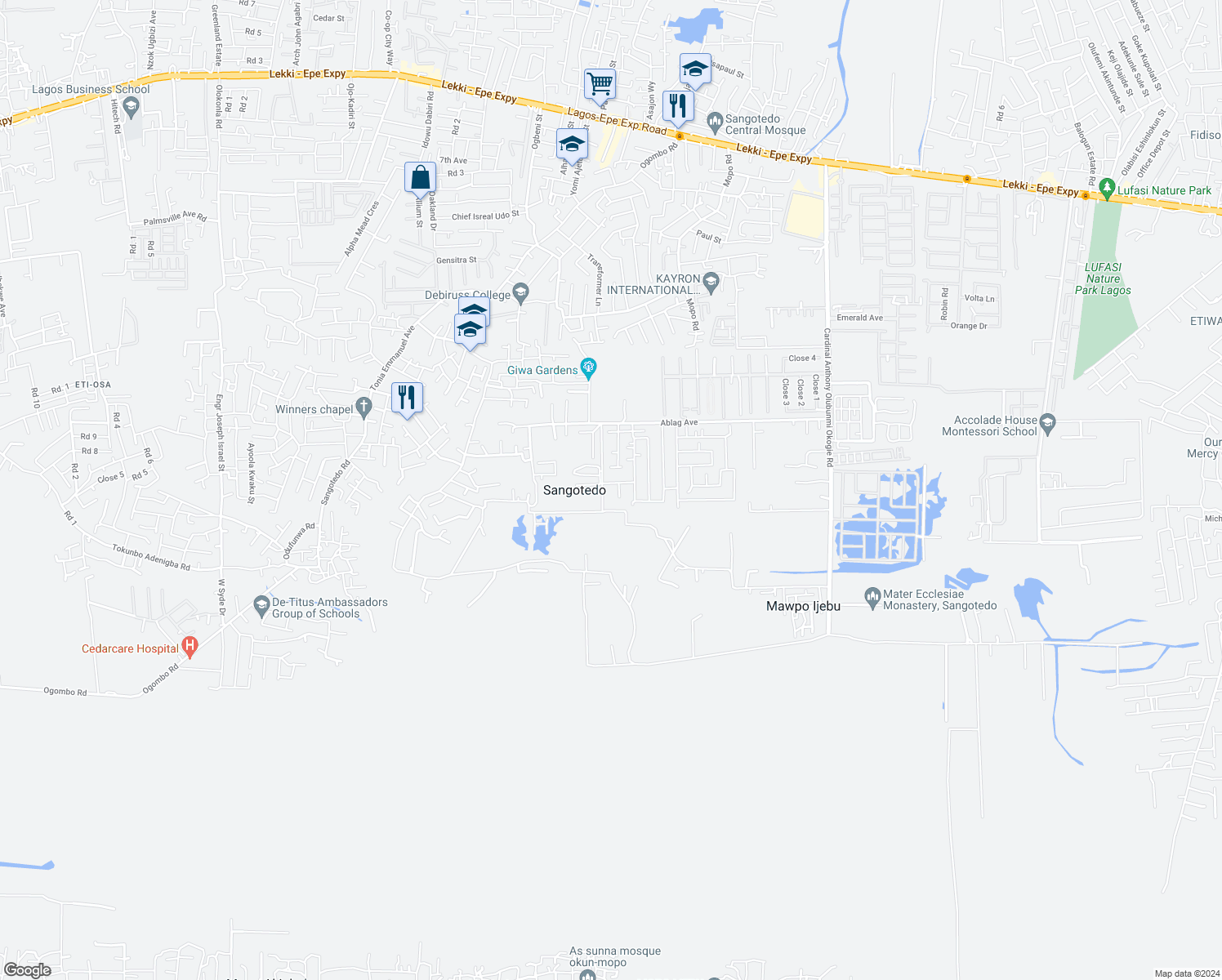 map of restaurants, bars, coffee shops, grocery stores, and more near Sangotedo Road in Lekki
