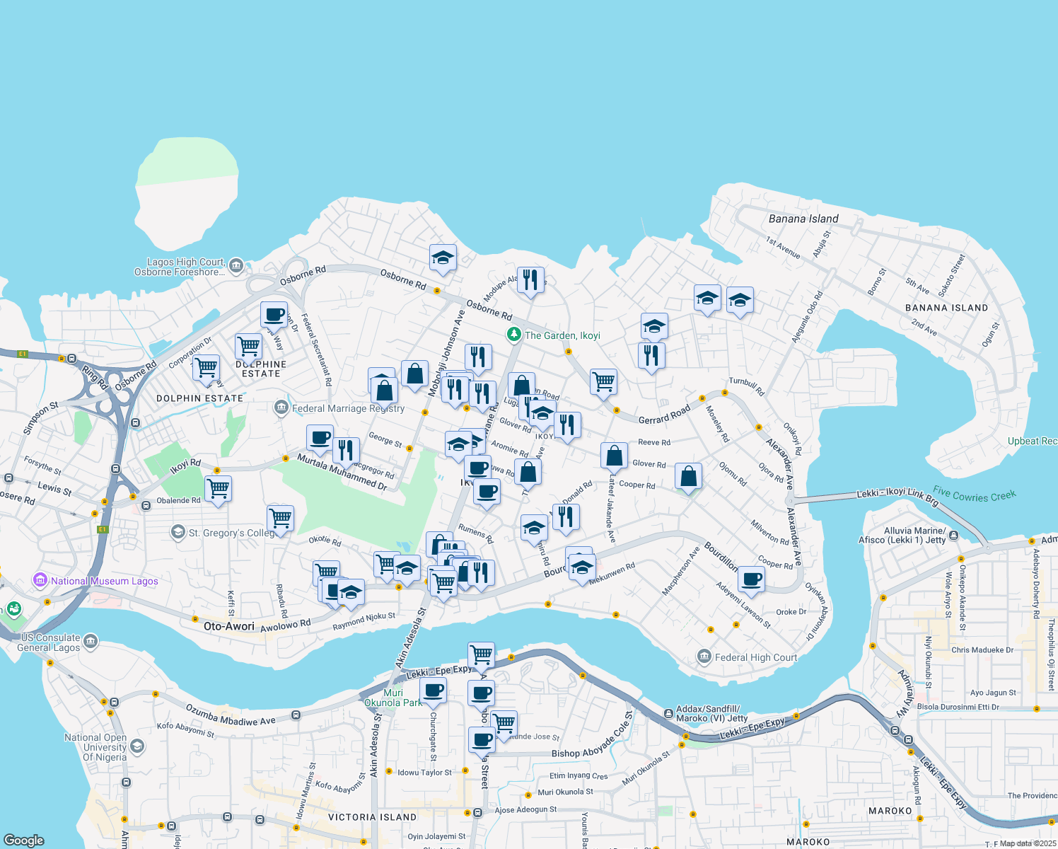 map of restaurants, bars, coffee shops, grocery stores, and more near 50 Glover Road in Lagos