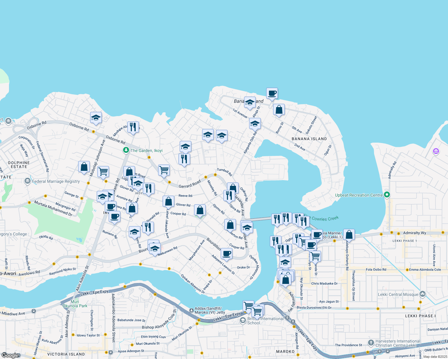 map of restaurants, bars, coffee shops, grocery stores, and more near Alexander Avenue in Lagos