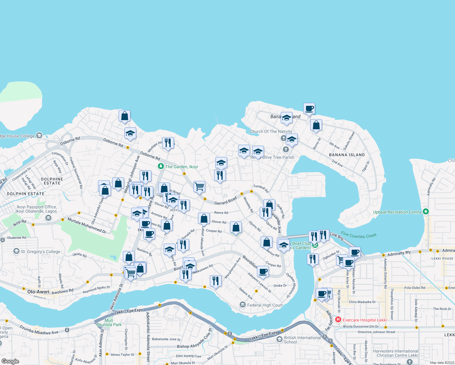 map of restaurants, bars, coffee shops, grocery stores, and more near 5 Aso Street in Lagos
