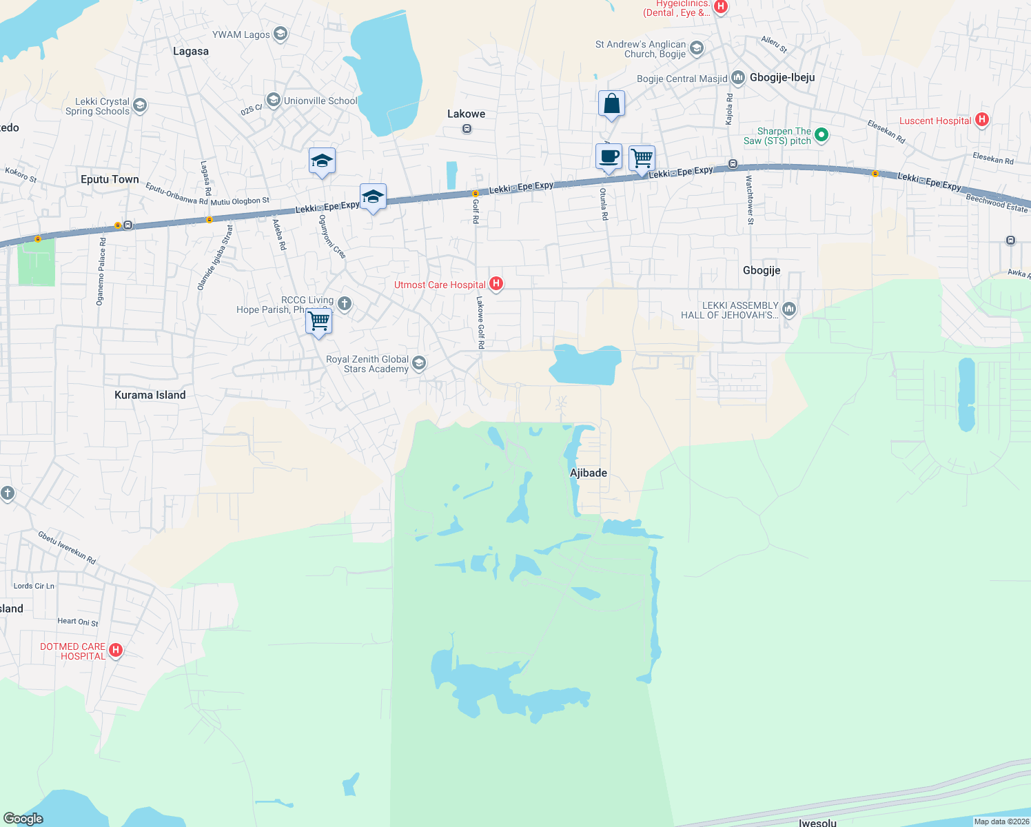 map of restaurants, bars, coffee shops, grocery stores, and more near Lakowe Golf Road in Ajibade