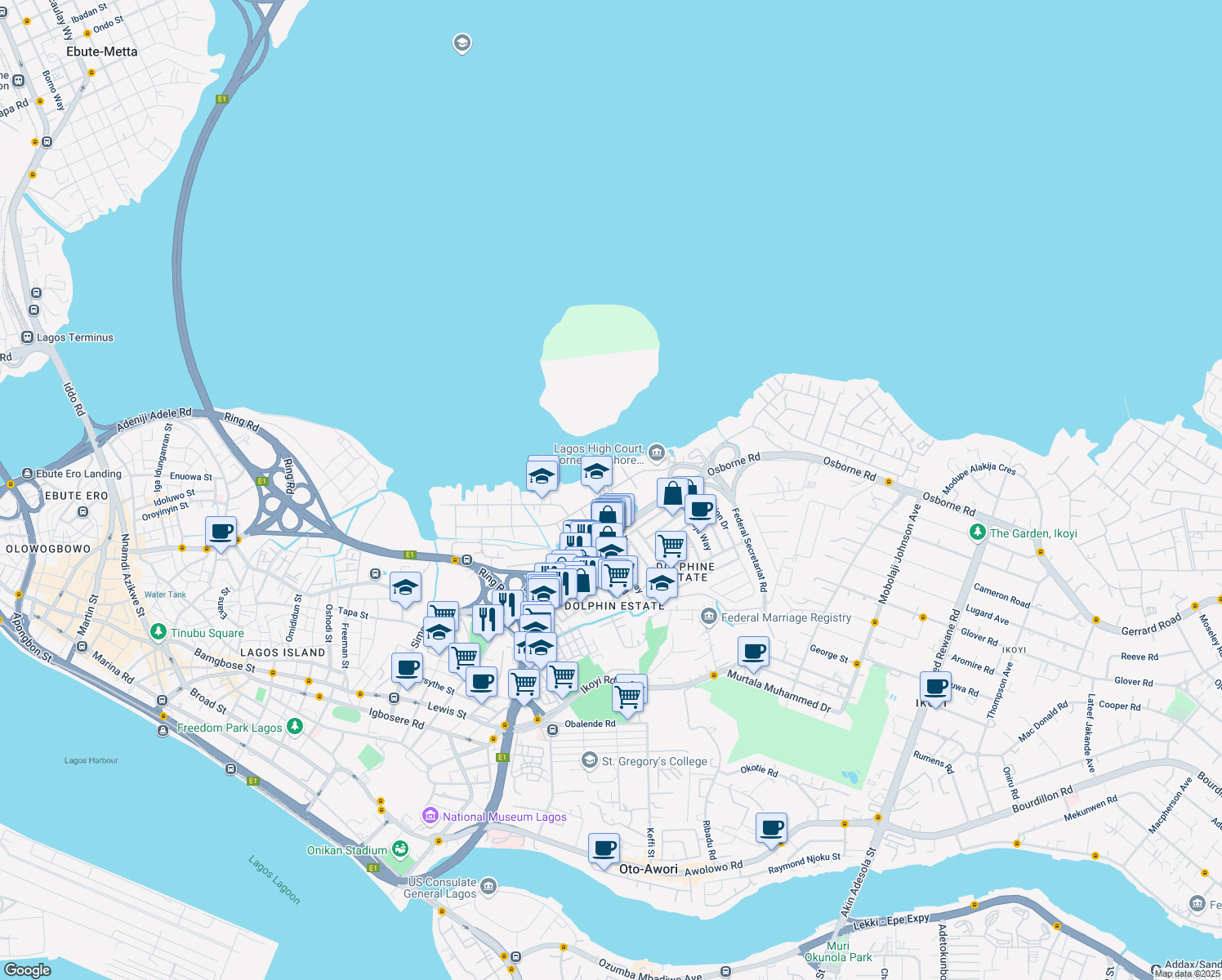 map of restaurants, bars, coffee shops, grocery stores, and more near Royal Palm Drive in Lagos