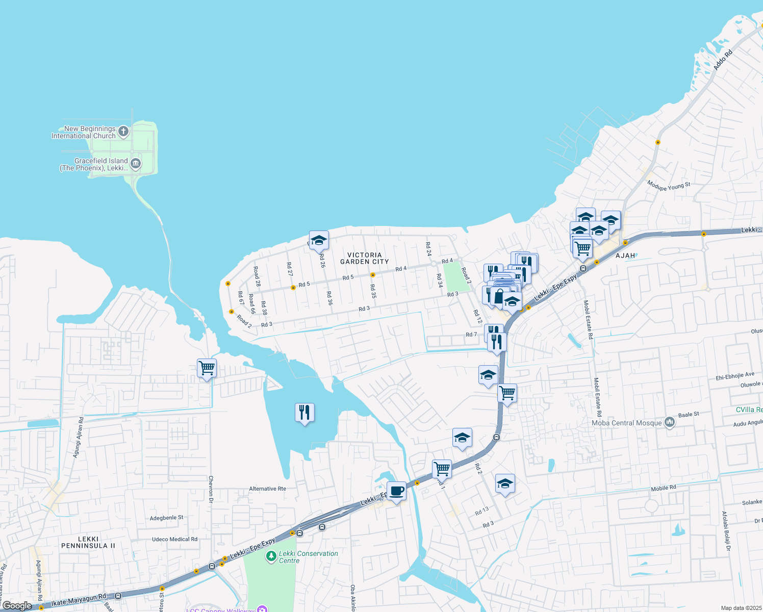 map of restaurants, bars, coffee shops, grocery stores, and more near Road 3 in Lekki