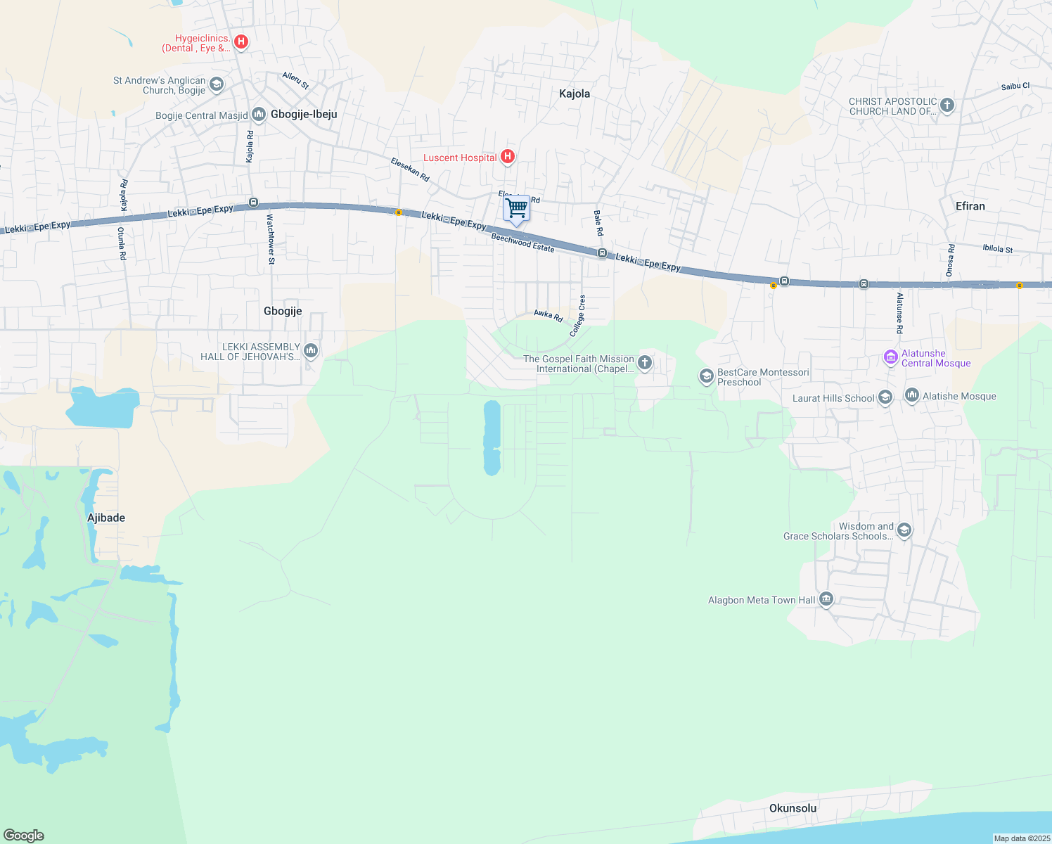 map of restaurants, bars, coffee shops, grocery stores, and more near Lakowe Road in Lekki