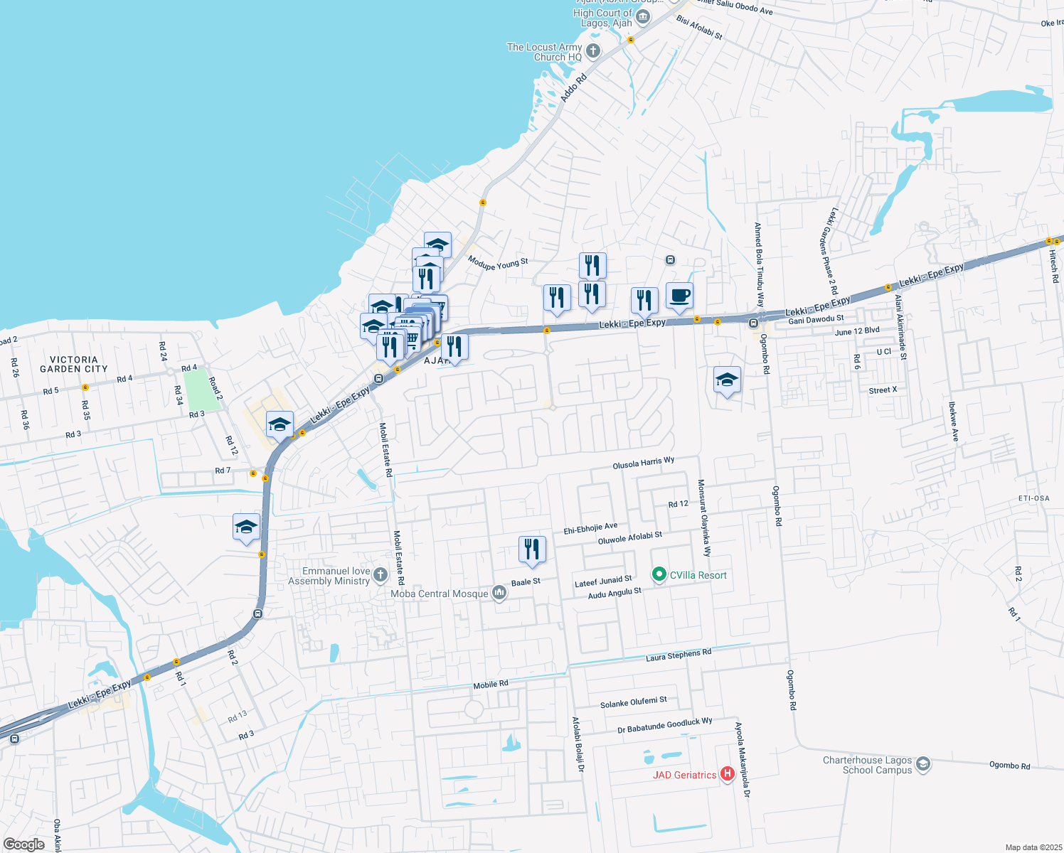 map of restaurants, bars, coffee shops, grocery stores, and more near in Lekki