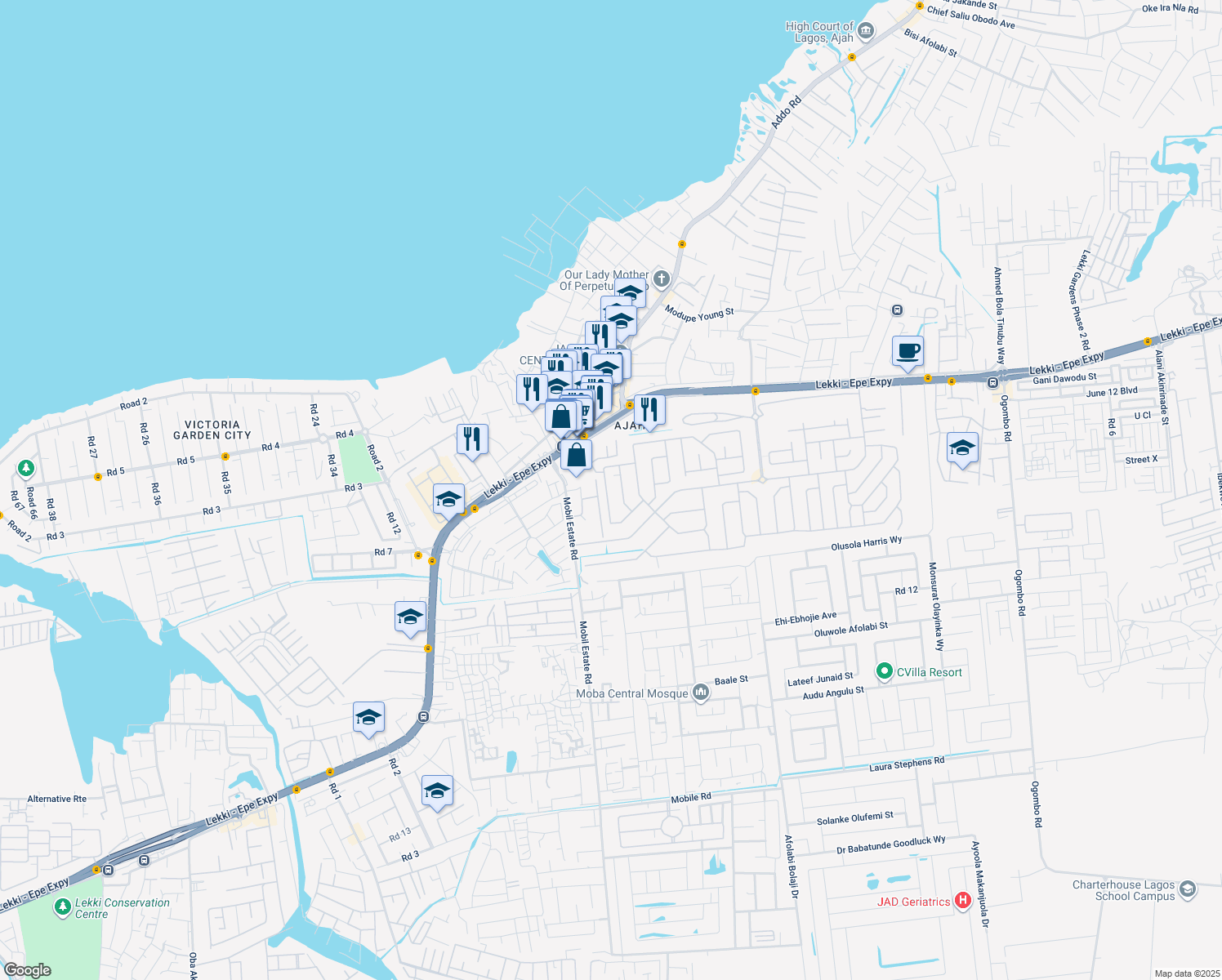 map of restaurants, bars, coffee shops, grocery stores, and more near C317B Olota Crescent in Lagos