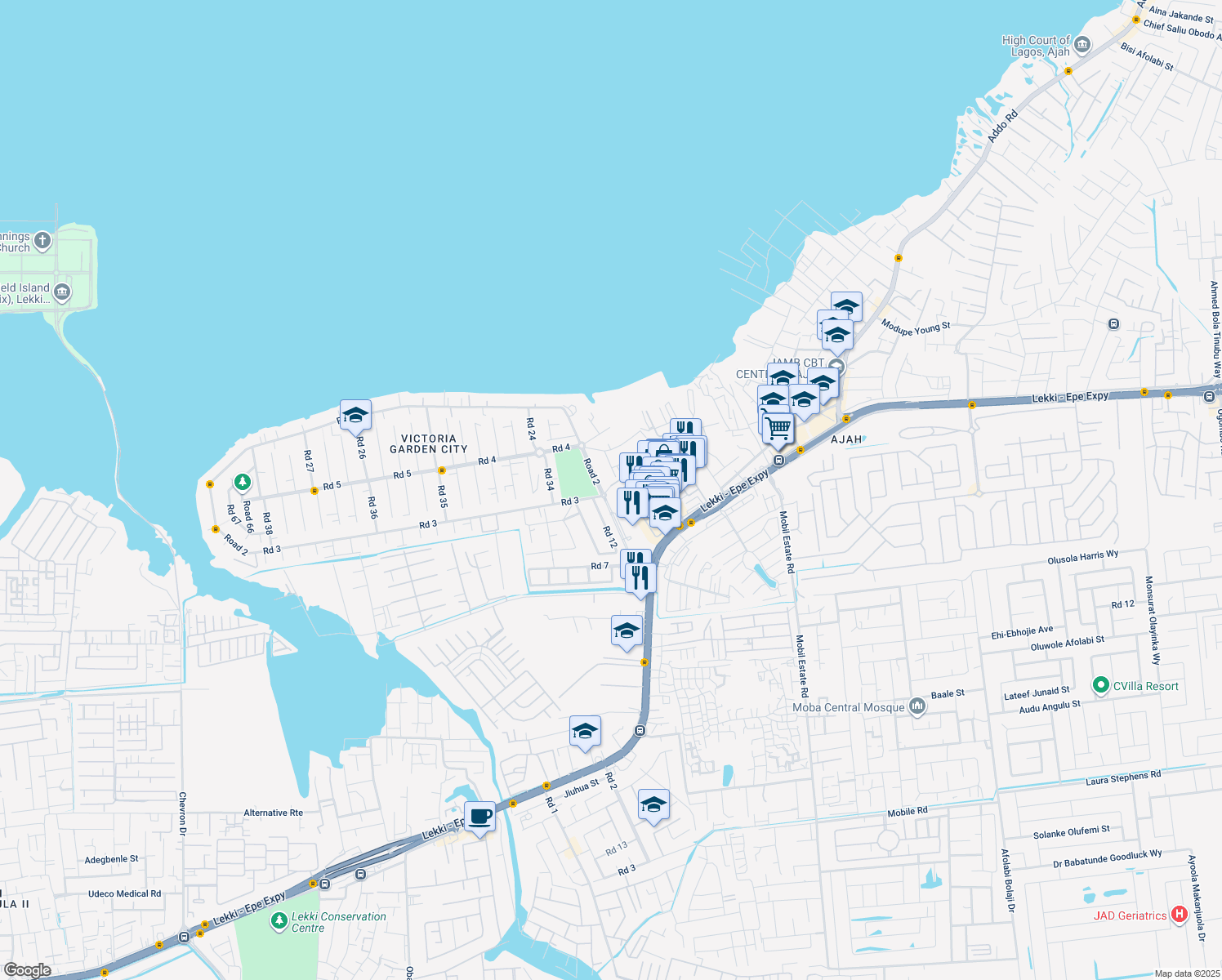 map of restaurants, bars, coffee shops, grocery stores, and more near in Lekki