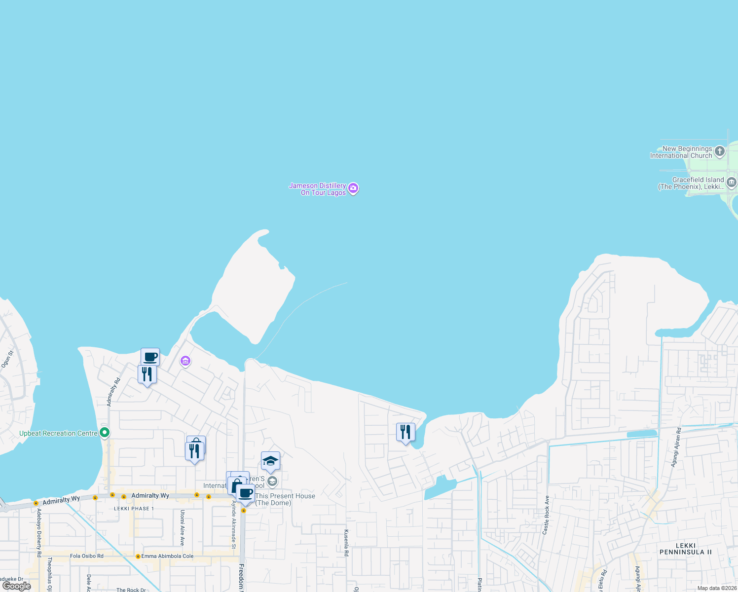 map of restaurants, bars, coffee shops, grocery stores, and more near Ladipo Omotesho Cole Street in Lekki