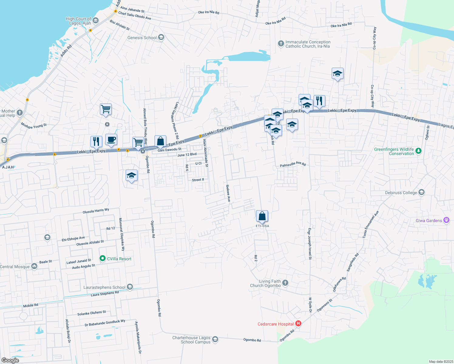 map of restaurants, bars, coffee shops, grocery stores, and more near Ibekwe Avenue in Lekki