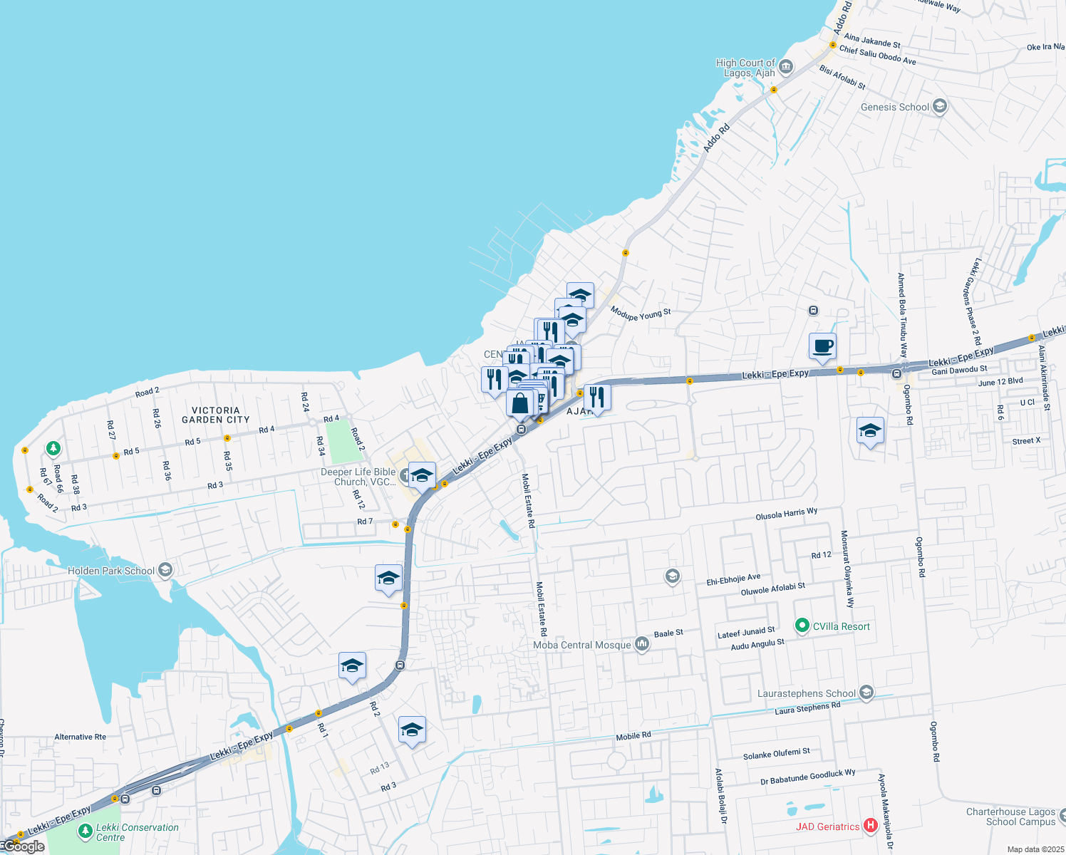 map of restaurants, bars, coffee shops, grocery stores, and more near Lekki - Epe Expressway in Lekki