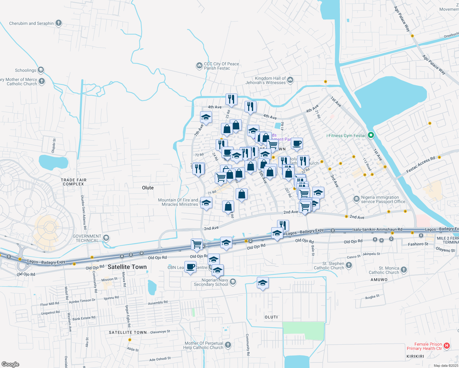 map of restaurants, bars, coffee shops, grocery stores, and more near 24 Road in Lagos