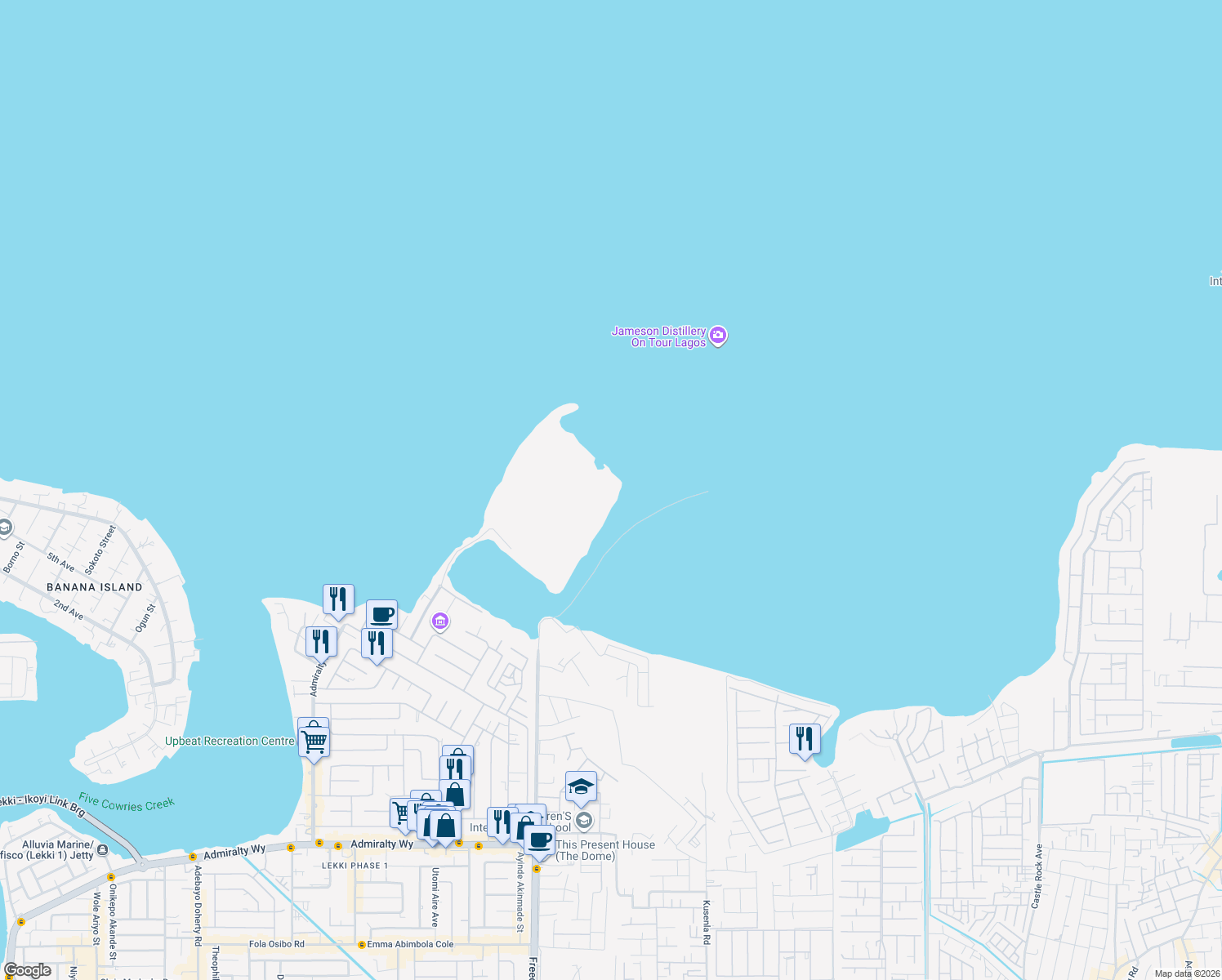 map of restaurants, bars, coffee shops, grocery stores, and more near Ladipo Omotesho Cole Street in Lekki