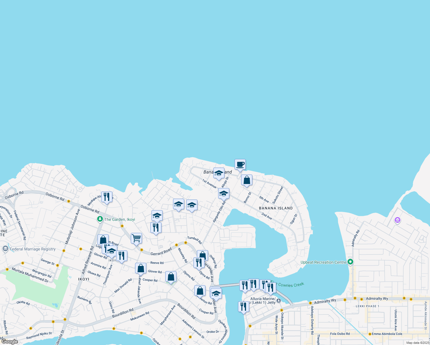 map of restaurants, bars, coffee shops, grocery stores, and more near Banana Island Road in Lagos