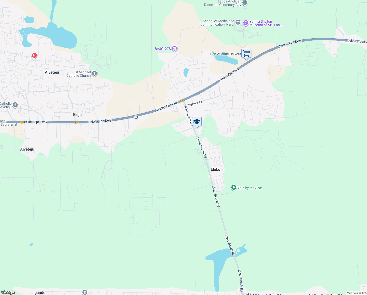 map of restaurants, bars, coffee shops, grocery stores, and more near Eleko Beach Road in Lekki