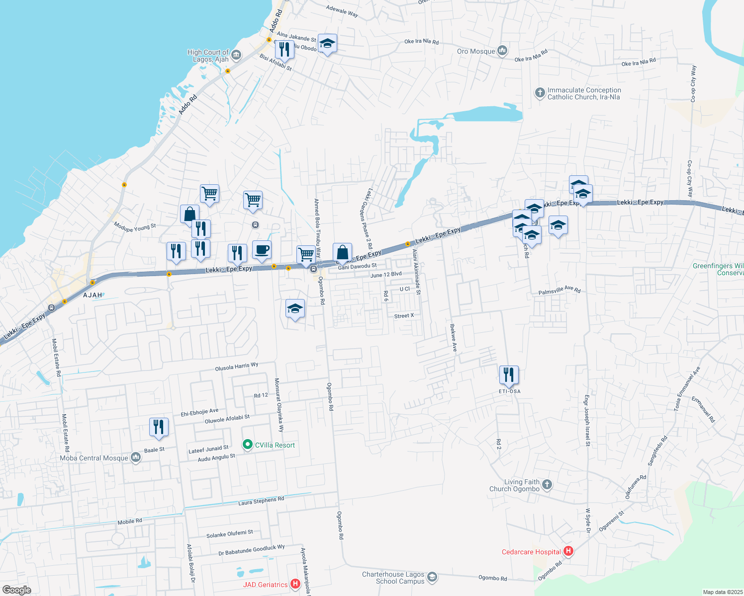 map of restaurants, bars, coffee shops, grocery stores, and more near 8 Road 5 in Lagos