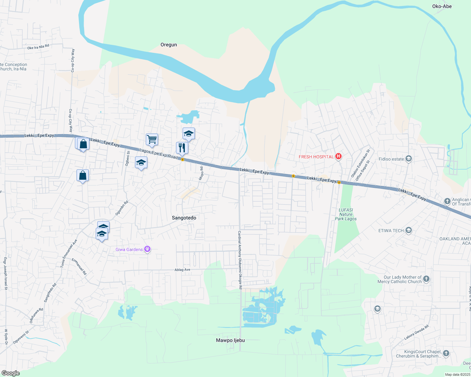 map of restaurants, bars, coffee shops, grocery stores, and more near Cardinal Anthony Olubunmi Okogie Road in Sangotedo