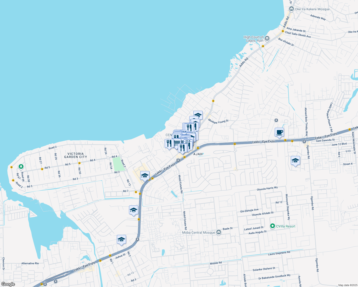 map of restaurants, bars, coffee shops, grocery stores, and more near 6 Alesh Road in Lagos