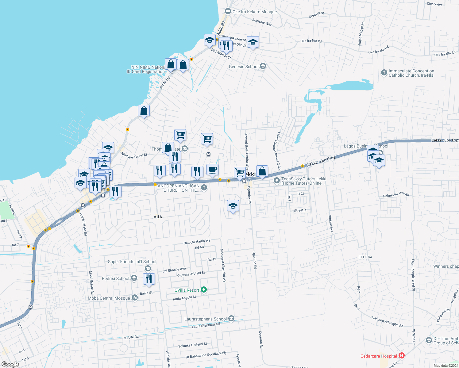 map of restaurants, bars, coffee shops, grocery stores, and more near Magnus Oyewole Close in Lagos