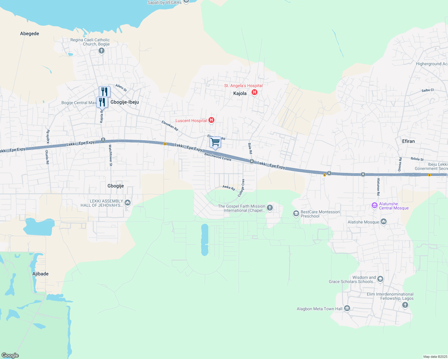 map of restaurants, bars, coffee shops, grocery stores, and more near Beechwood Estate in Lekki