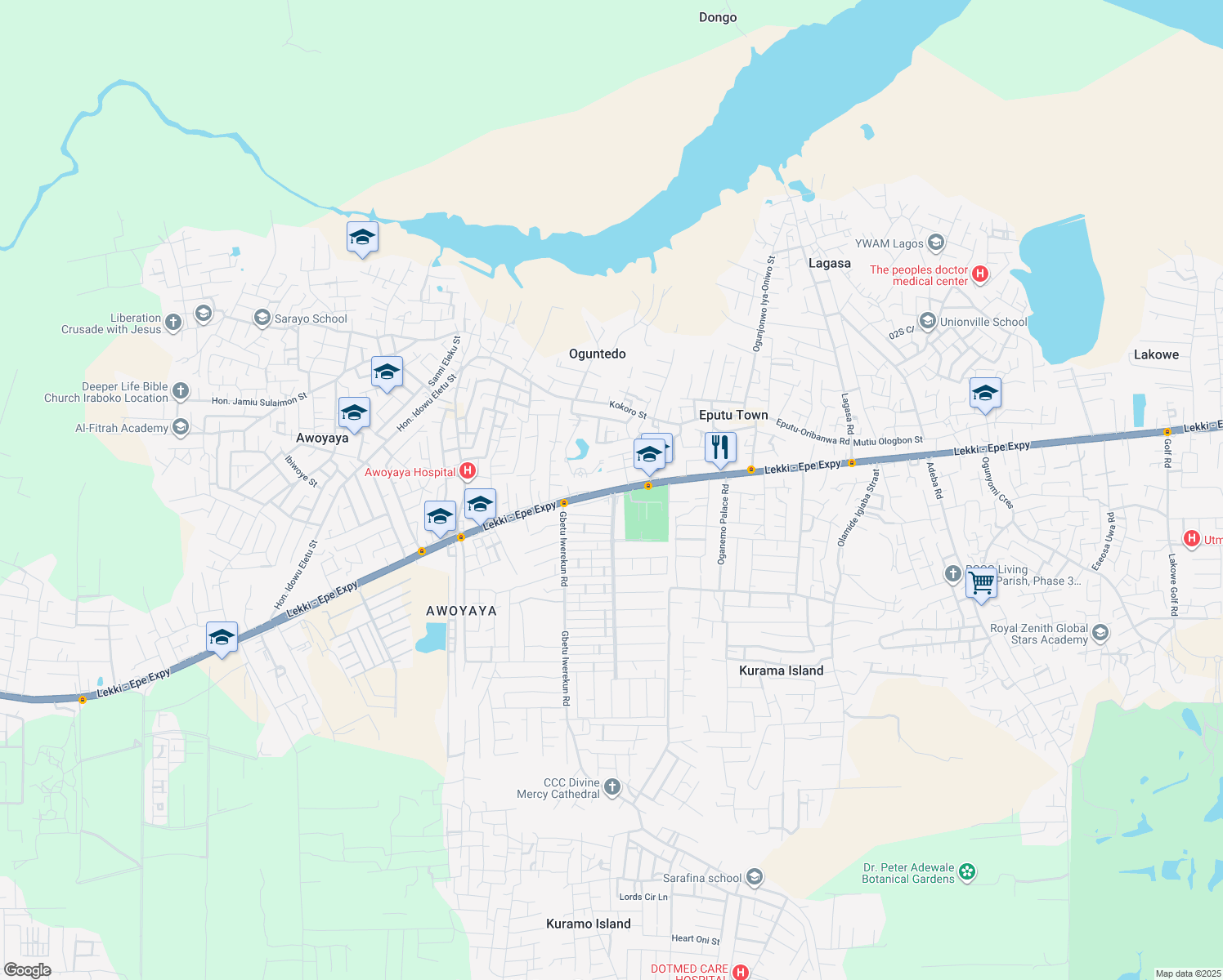 map of restaurants, bars, coffee shops, grocery stores, and more near Lekki-Epe Expressway in Lekki