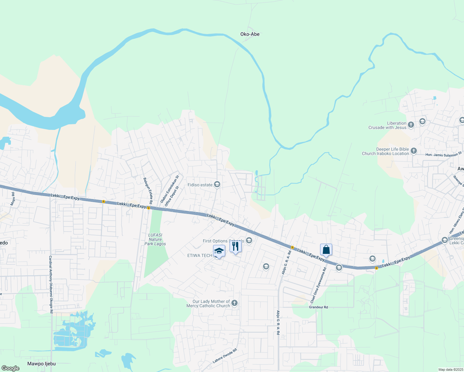 map of restaurants, bars, coffee shops, grocery stores, and more near Amity Street in Lekki