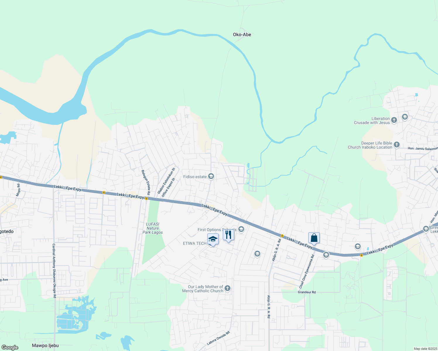 map of restaurants, bars, coffee shops, grocery stores, and more near Amity Street in Lekki