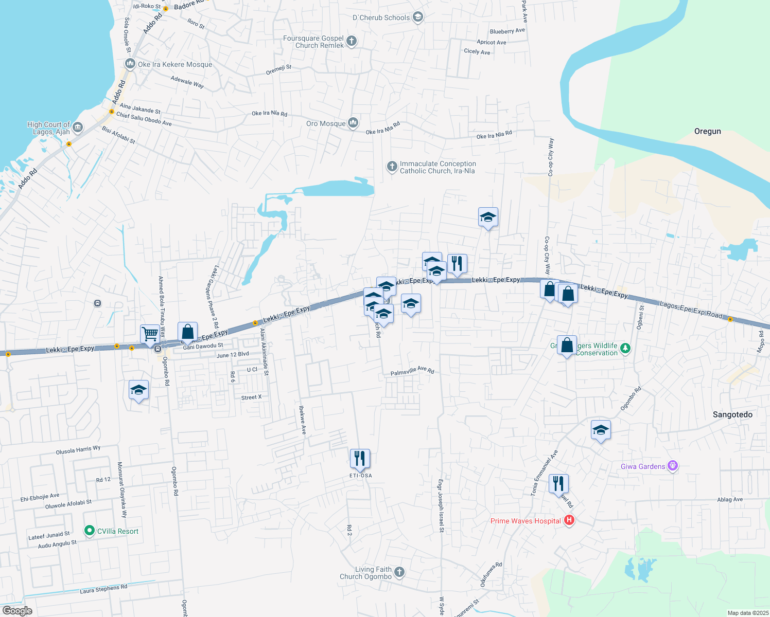 map of restaurants, bars, coffee shops, grocery stores, and more near Lekki - Epe Expressway in Lagos