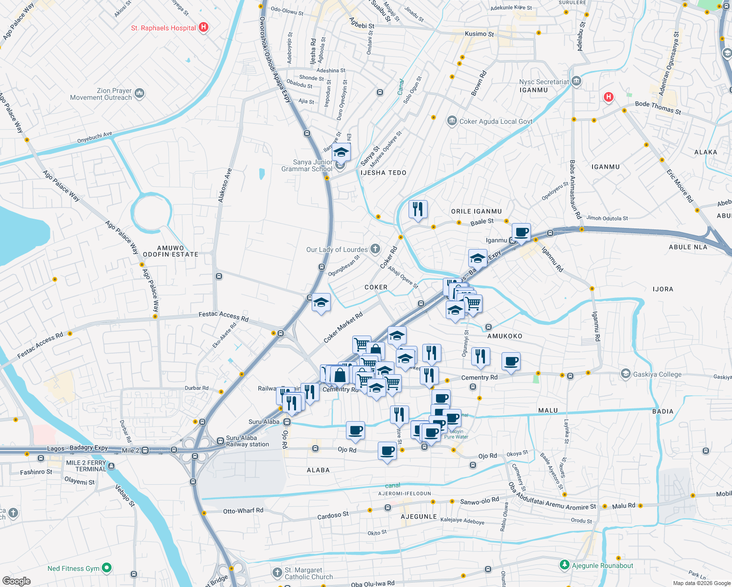 map of restaurants, bars, coffee shops, grocery stores, and more near Shekoni Street in Lagos