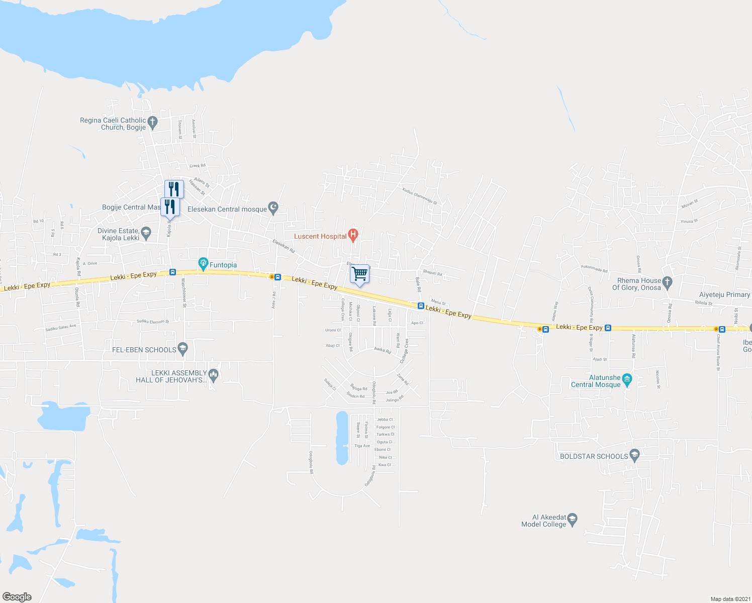 map of restaurants, bars, coffee shops, grocery stores, and more near Beechwood Estate in Lekki