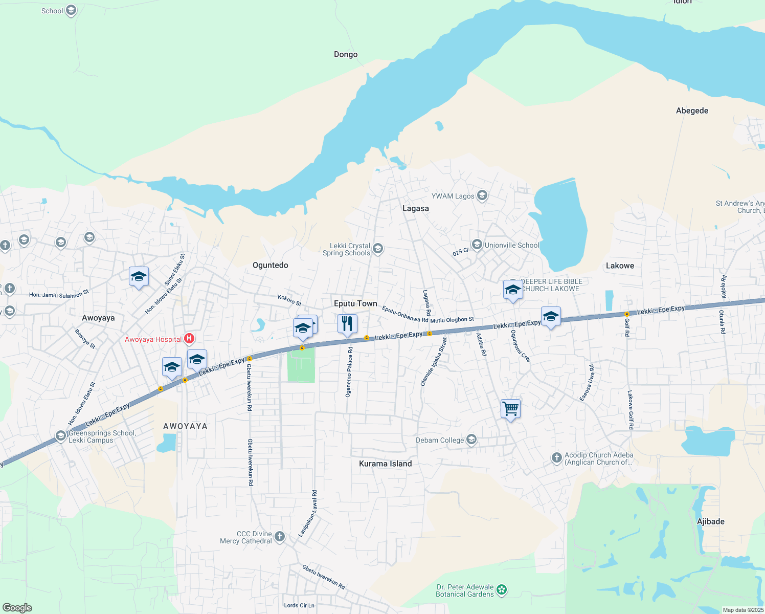 map of restaurants, bars, coffee shops, grocery stores, and more near Eputu-Oribanwa Road in Eputu Town