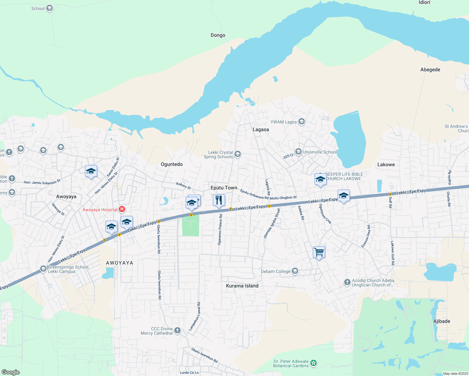 map of restaurants, bars, coffee shops, grocery stores, and more near Eputu-Oribanwa Road in Eputu Town