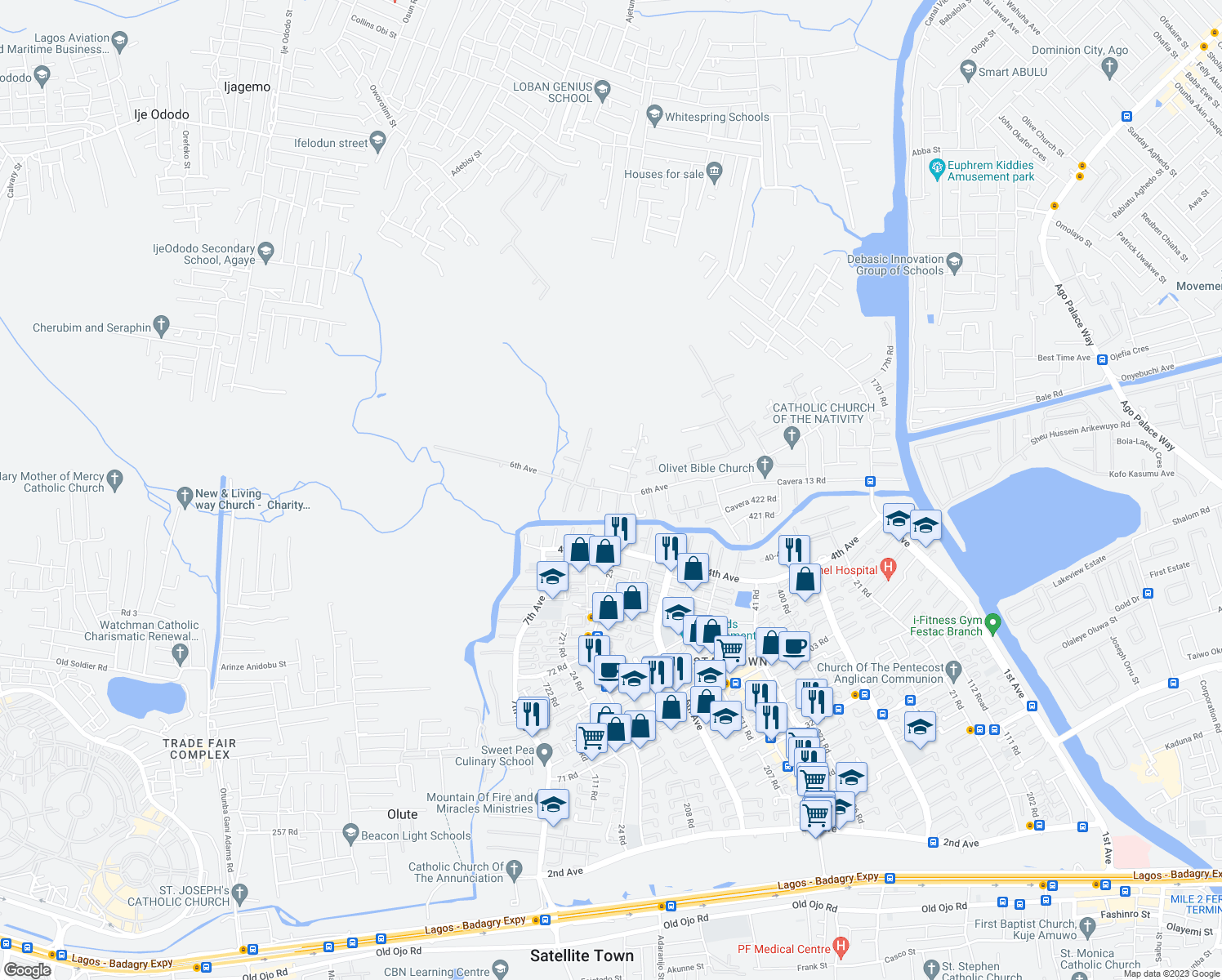 map of restaurants, bars, coffee shops, grocery stores, and more near 6th Avenue in Lagos