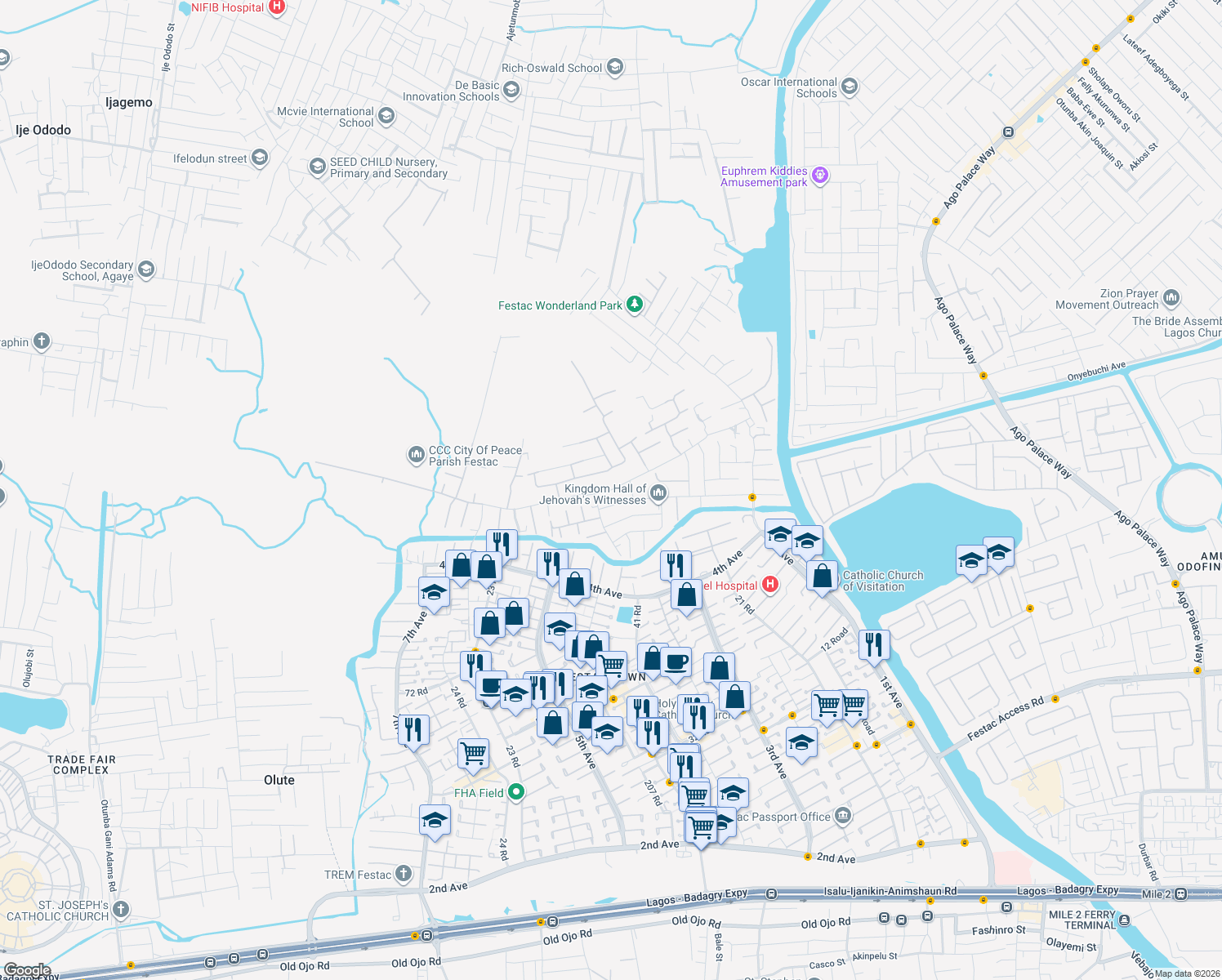map of restaurants, bars, coffee shops, grocery stores, and more near 6th Avenue in Lagos