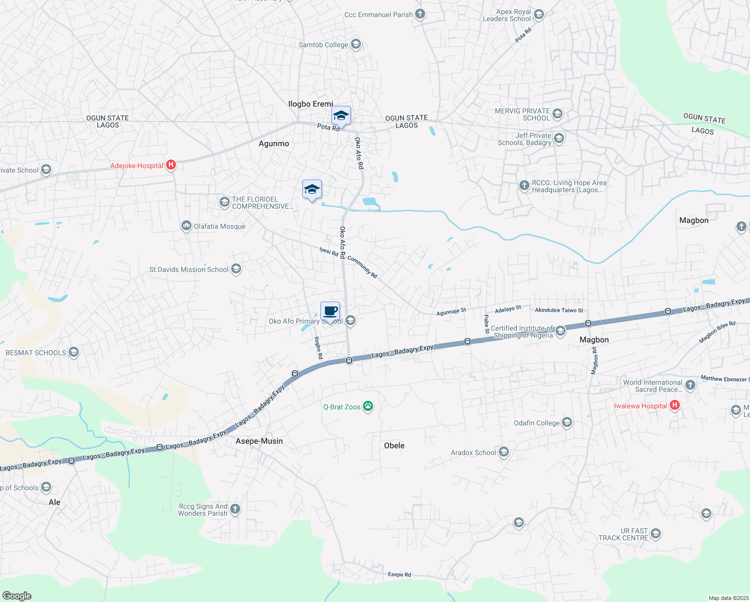 map of restaurants, bars, coffee shops, grocery stores, and more near 22 Omaka Street in Agunmo