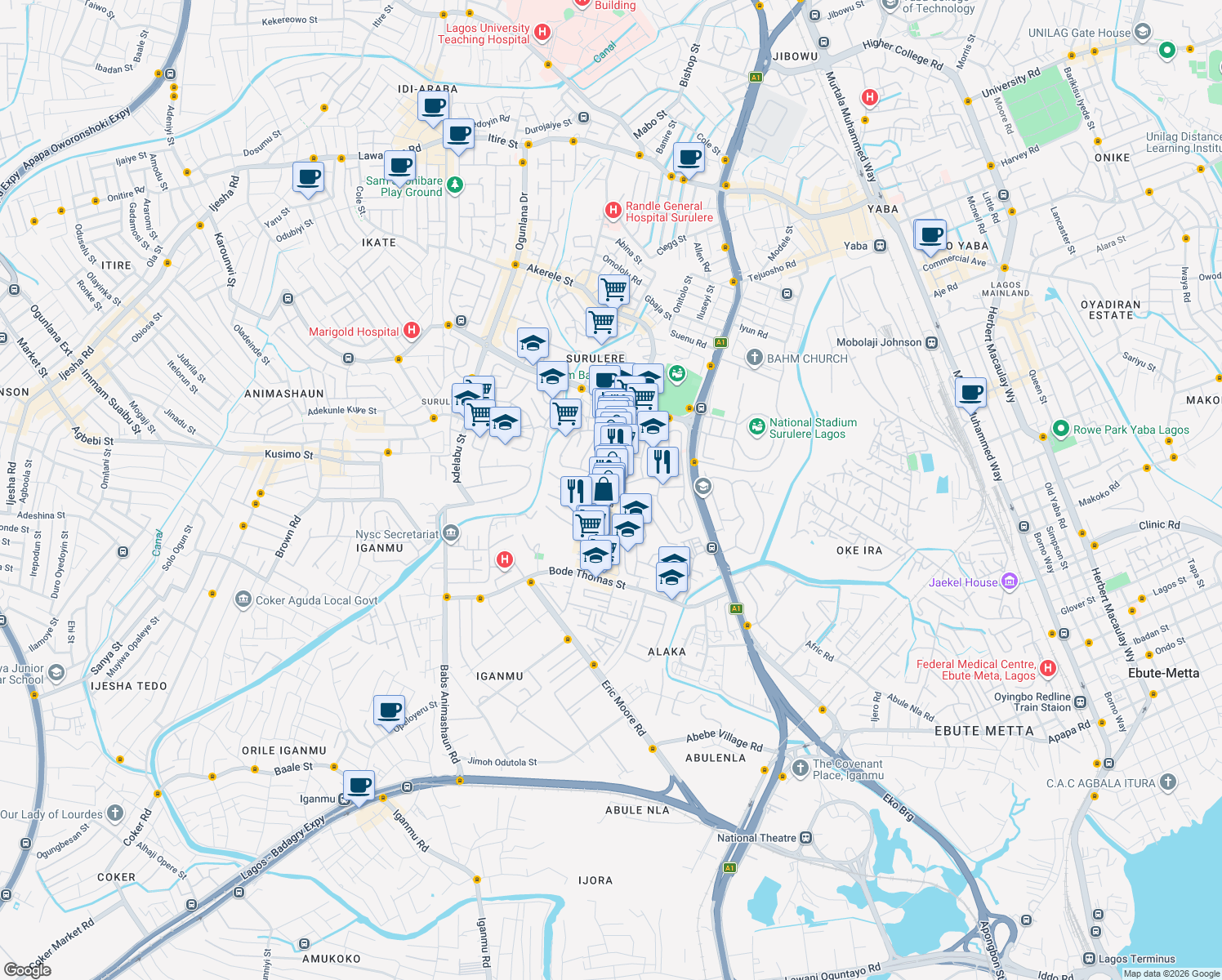 map of restaurants, bars, coffee shops, grocery stores, and more near Adeniran Ogunsanya Street in Lagos