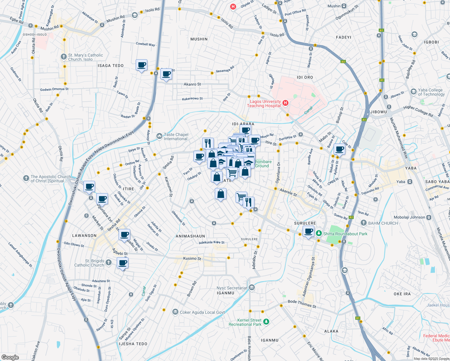 map of restaurants, bars, coffee shops, grocery stores, and more near in Lagos