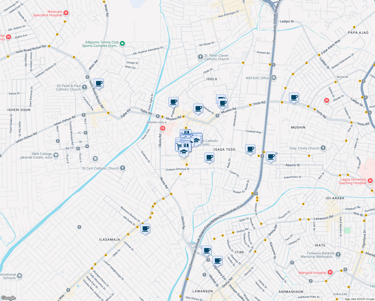map of restaurants, bars, coffee shops, grocery stores, and more near Adagun Odo Street in Lagos