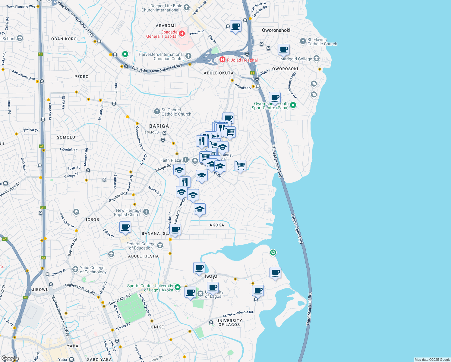 map of restaurants, bars, coffee shops, grocery stores, and more near Ilaje Road in Oworonshoki