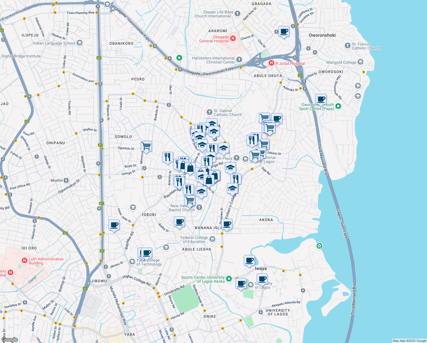 map of restaurants, bars, coffee shops, grocery stores, and more near 24 Bariga Road in Lagos