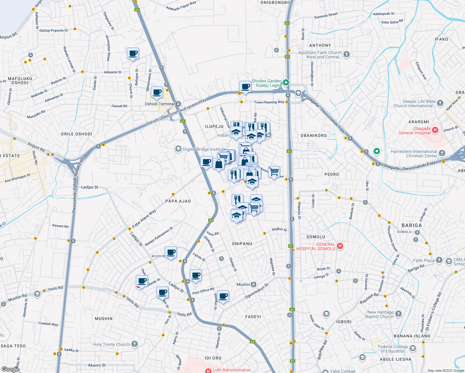 map of restaurants, bars, coffee shops, grocery stores, and more near Ilupeju Byepass in Lagos